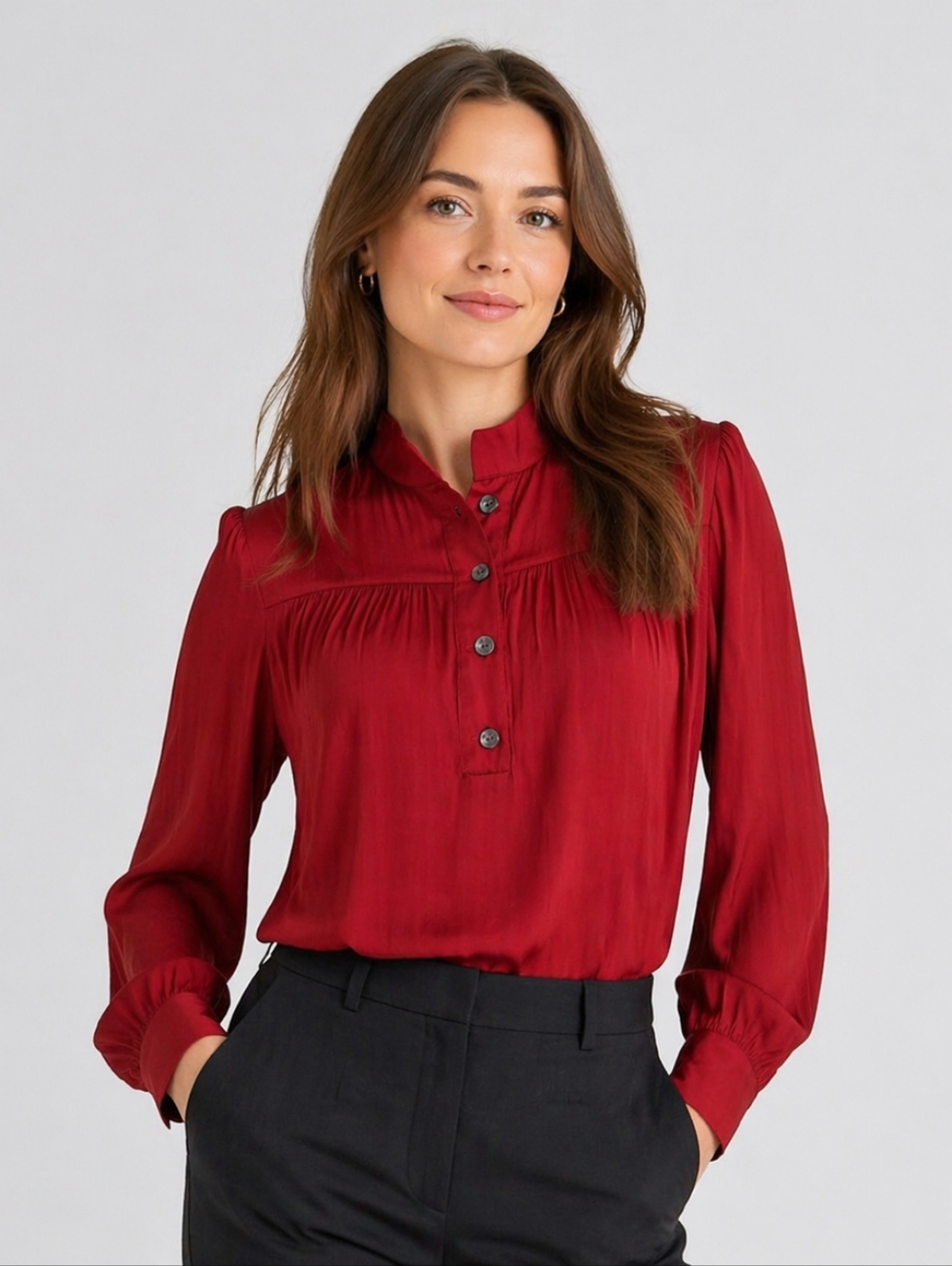 ANTHROPOLOGIE Size Medium Red Mock Neck Long Sleeve Pleated Satin Popover Blouse